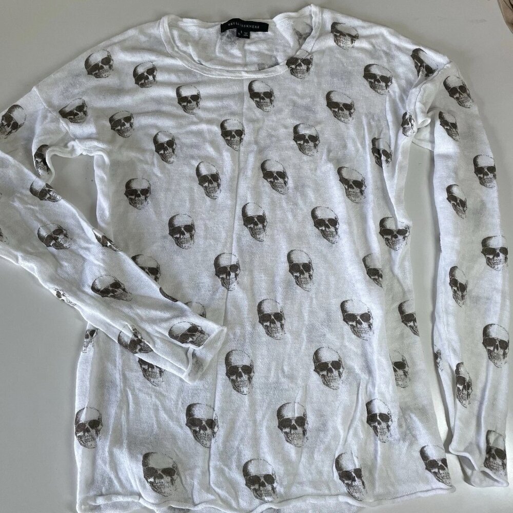 SKULL CASHMERE 100% Linen Skull Print Sweater Top Long Sleeve Lightweight XS - Picture 1 of 9